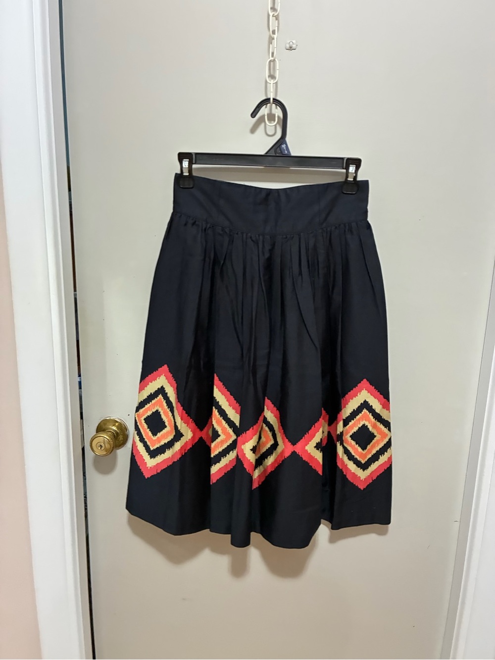 Nine West Black A-Line Skirt with Coral and Cream Geometric Border